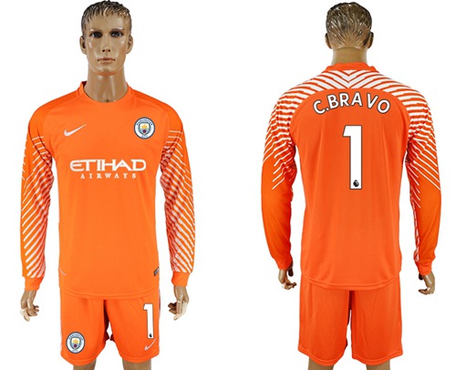 Manchester City #1 C.Bravo Orange Goalkeeper Long Sleeves Soccer Club Jersey - Click Image to Close